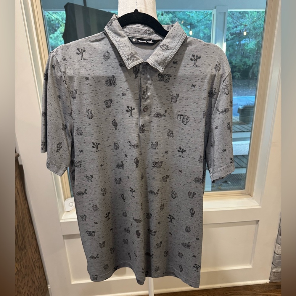 Travis Mathew Men's Gray Polo Shirt with Cactus Print Size L
